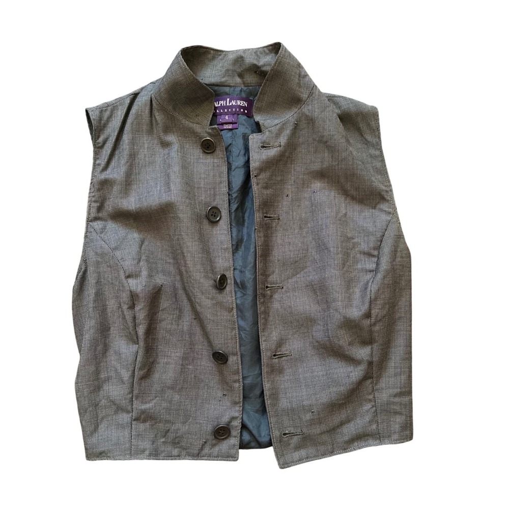 Ralph Lauren Collection Purple Label Grey Houndstooth Funnel Neck Vest Size 4